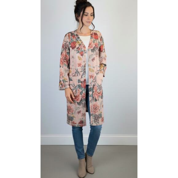 Solitaire Duster Jacket Medium Pink Floral Faux Suede Open Front Pockets Boho - Picture 2 of 12